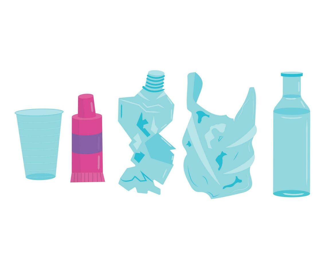 set of plastic waste. Bottles, tubes, bags, cups. Vector illustration isolated on white background.