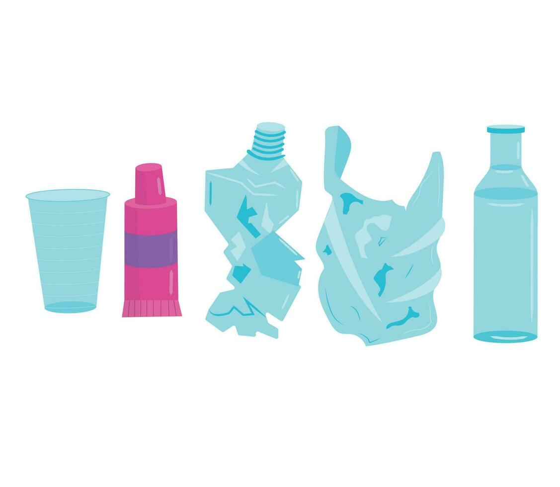 conjunto de el plastico desperdiciar. botellas, tubos, bolsas, tazas. vector ilustración aislado en blanco antecedentes.