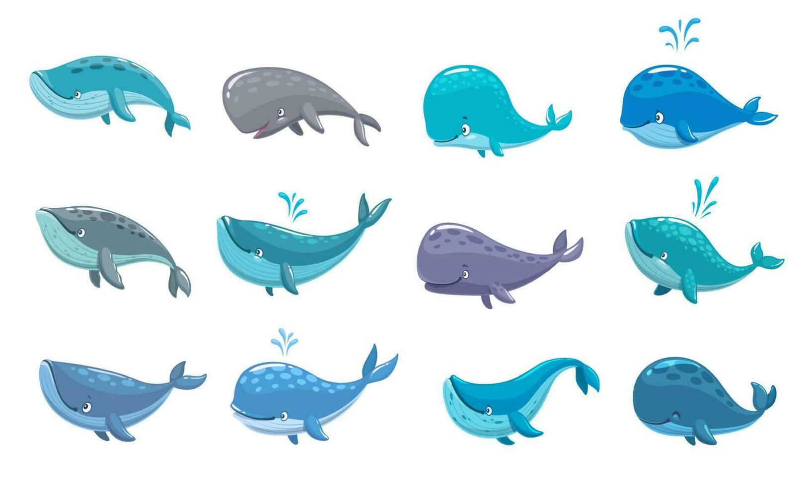 Cartoon whale characters, isolated sea animals vector