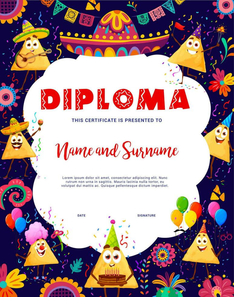 Kids birthday diploma. Mexican nachos characters vector