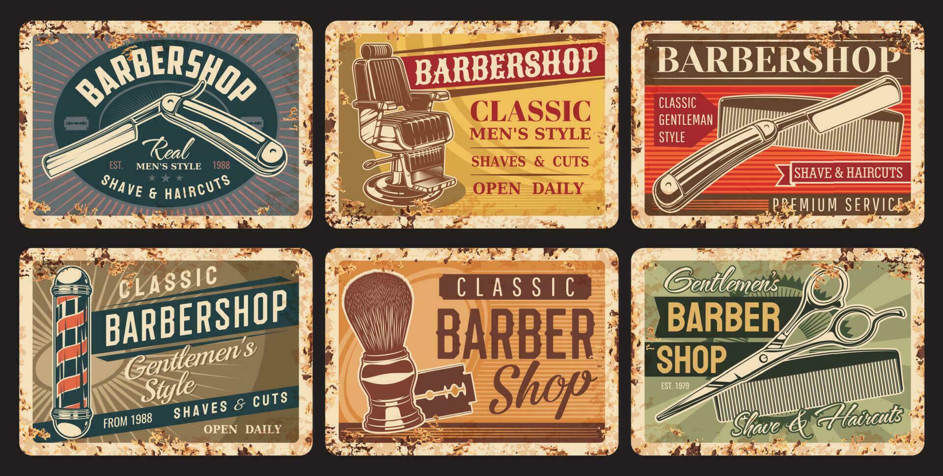 barbería y peluquero vector oxidado platos