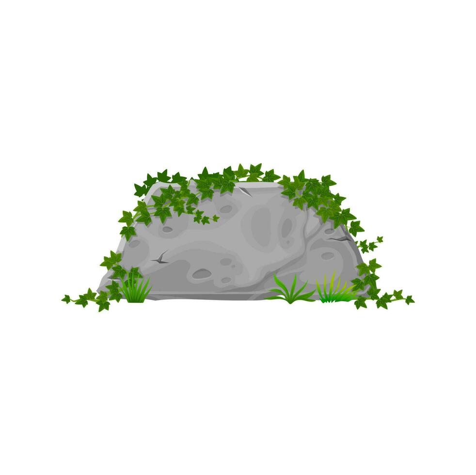 Cartoon rock stone panel with creepy ivy leaves vector