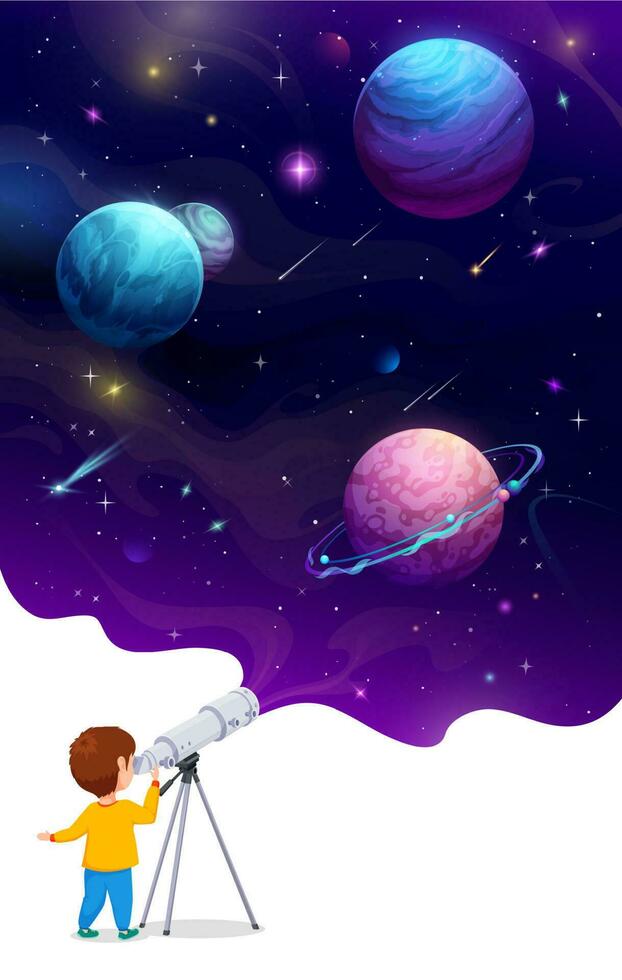 joven niño con telescopio dibujos animados espacio paisaje vector