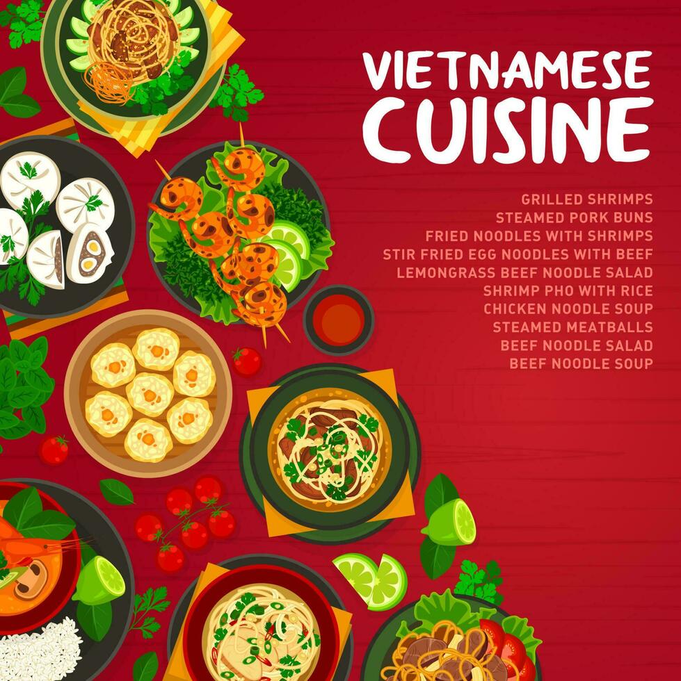 Vietnamese cuisine menu cover, food dishes, meals vector