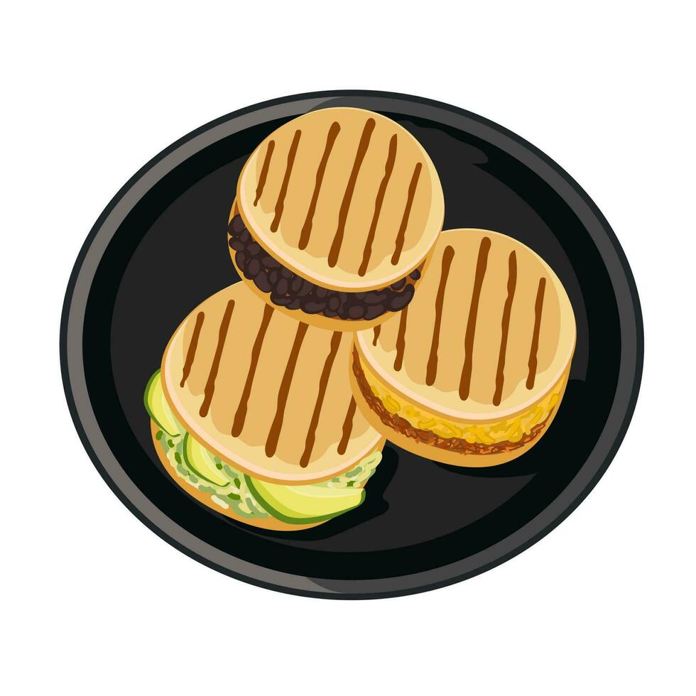 Set of vector Arepas. Traditional dish of Colombian cuisine. Grilled buns with stuffing. Arepas with cheese, avocado, meat. Vector illustration of food. Latin American food on a black plate.