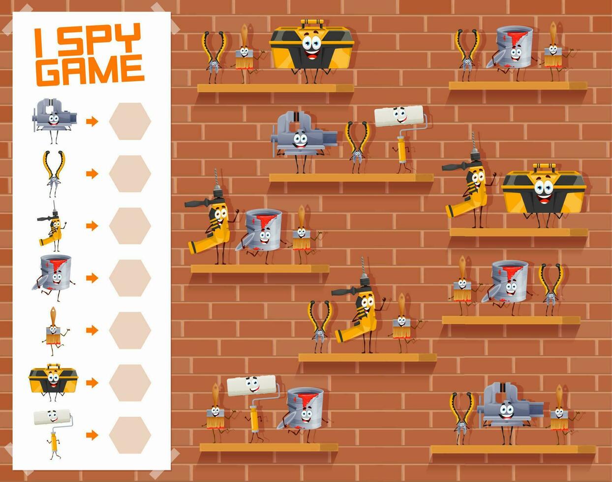 I spy game cartoon repair DIY work tool characters vector