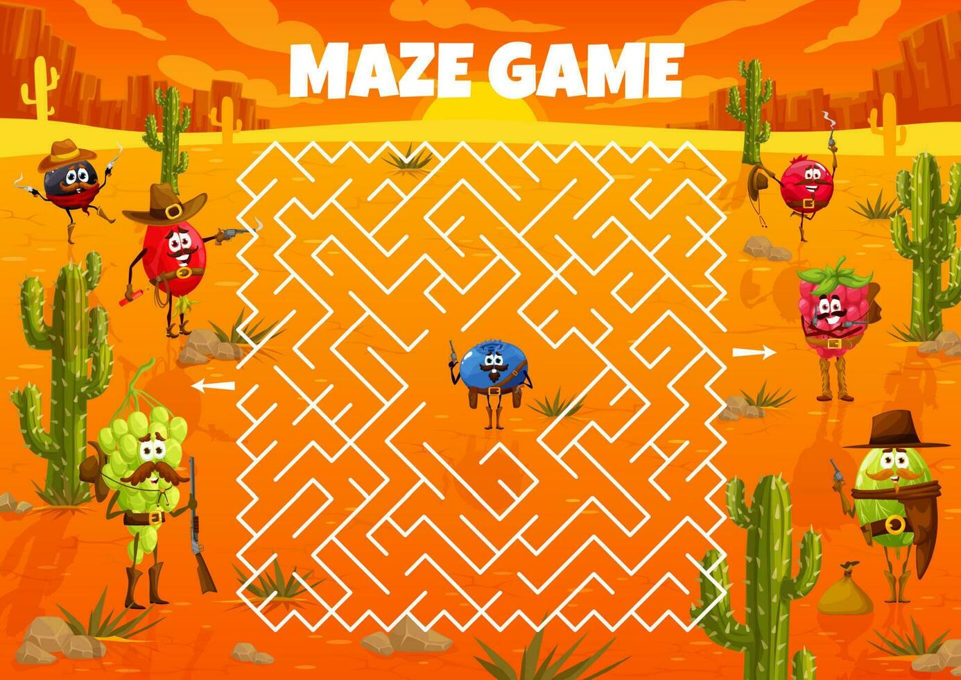 Labyrinth maze, cartoon Wild West cowboy berries vector