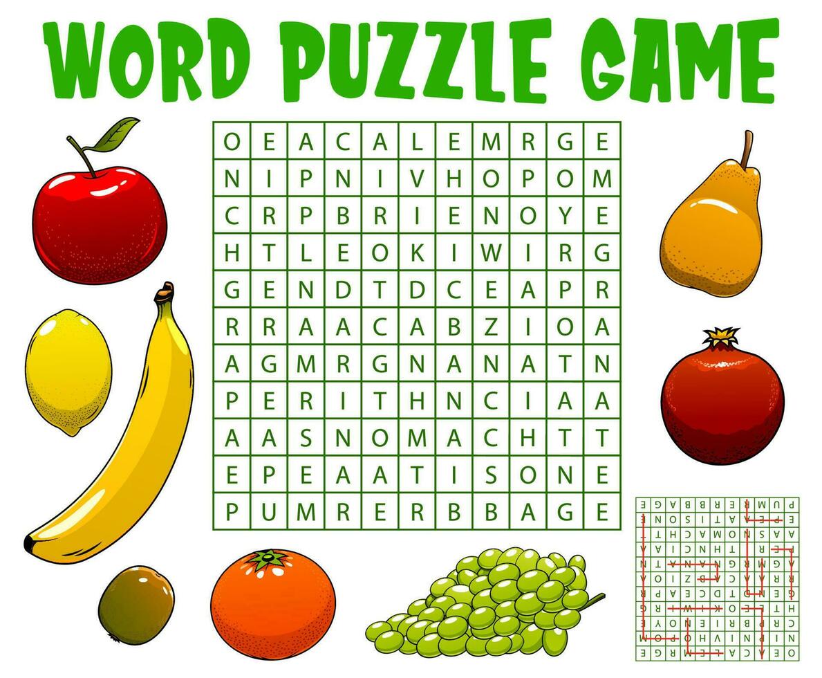 Raw farm fruits, word search puzzle game worksheet vector
