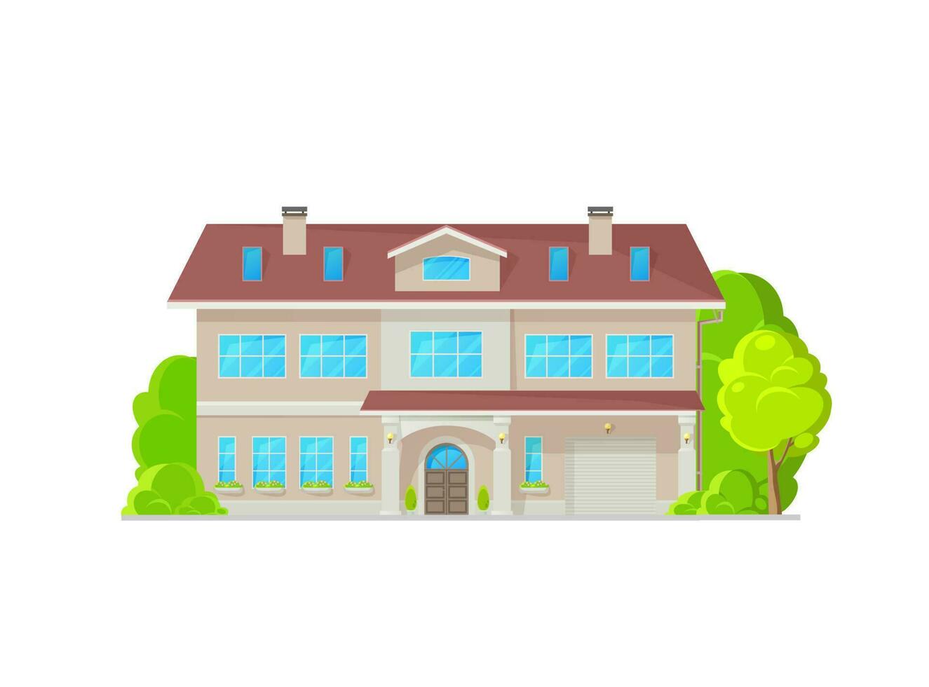 Modern two-storey home building exterior, garage vector