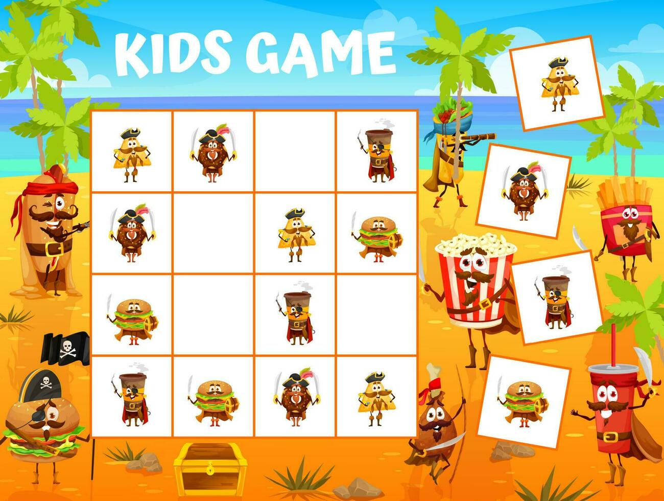 sudoku niños juego piratas comida rápida caracteres vector