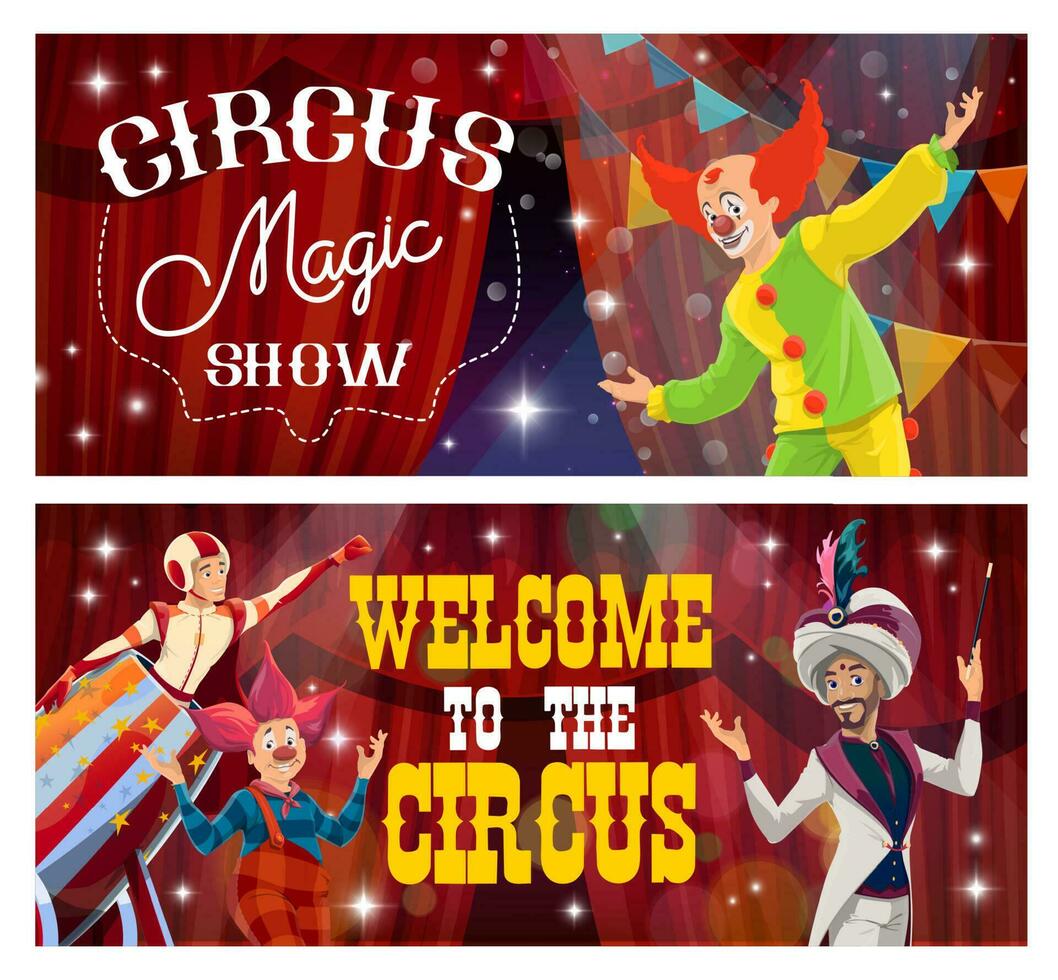 grande parte superior tienda circo pancartas, parque de atracciones carnaval espectáculo vector