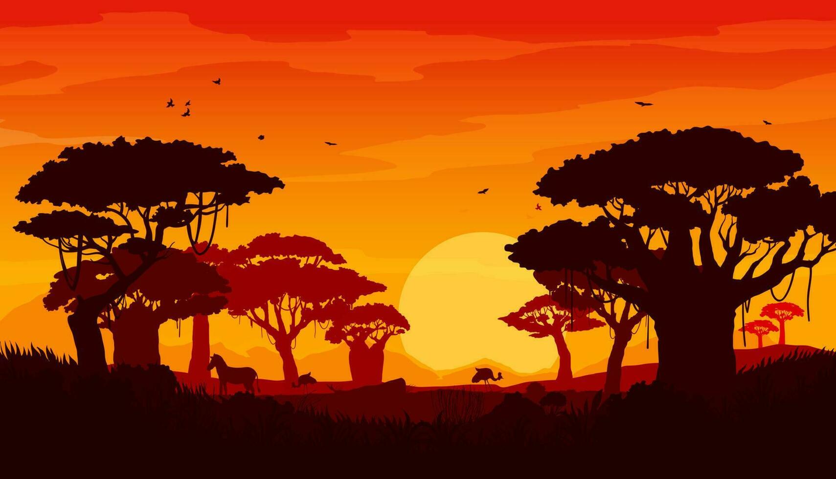 africano sabana puesta de sol paisaje siluetas vector