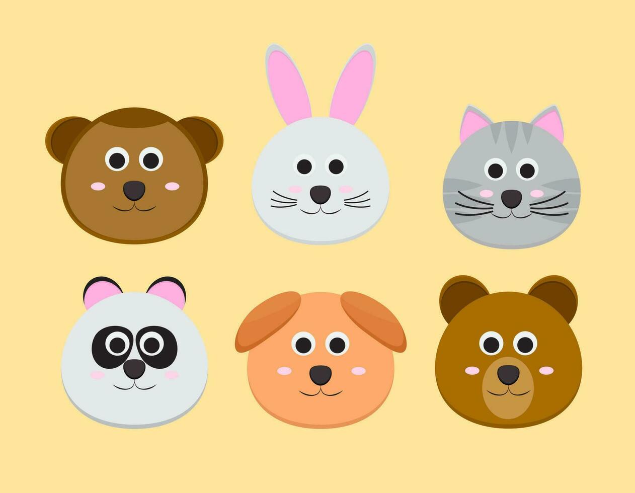 Cute cartoon animals round shape. monkey, rabbit, cat, panda, dog, bear. vector