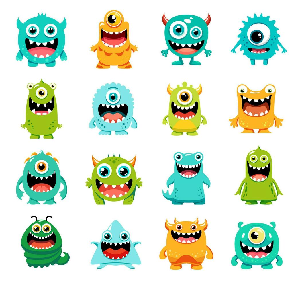Cartoon monster characters, cute alien animals vector