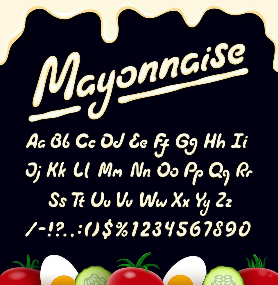 Mayonnaise sauce font, sauce alphabet typeset vector