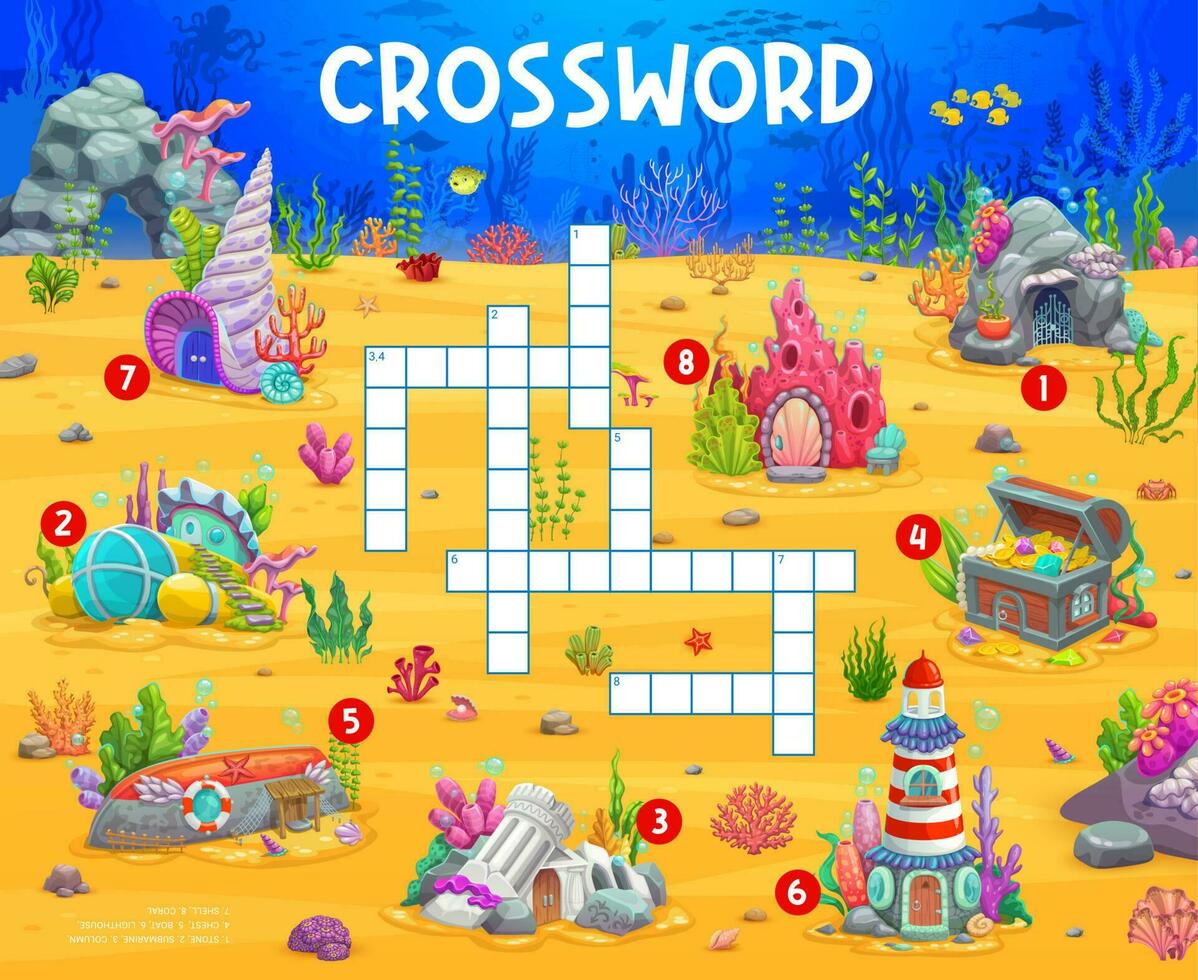 Crossword quiz game fairytale underwater house vector