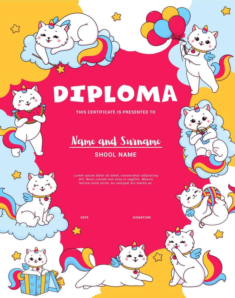 Kids diploma with cartoon cute caticorn characters vector