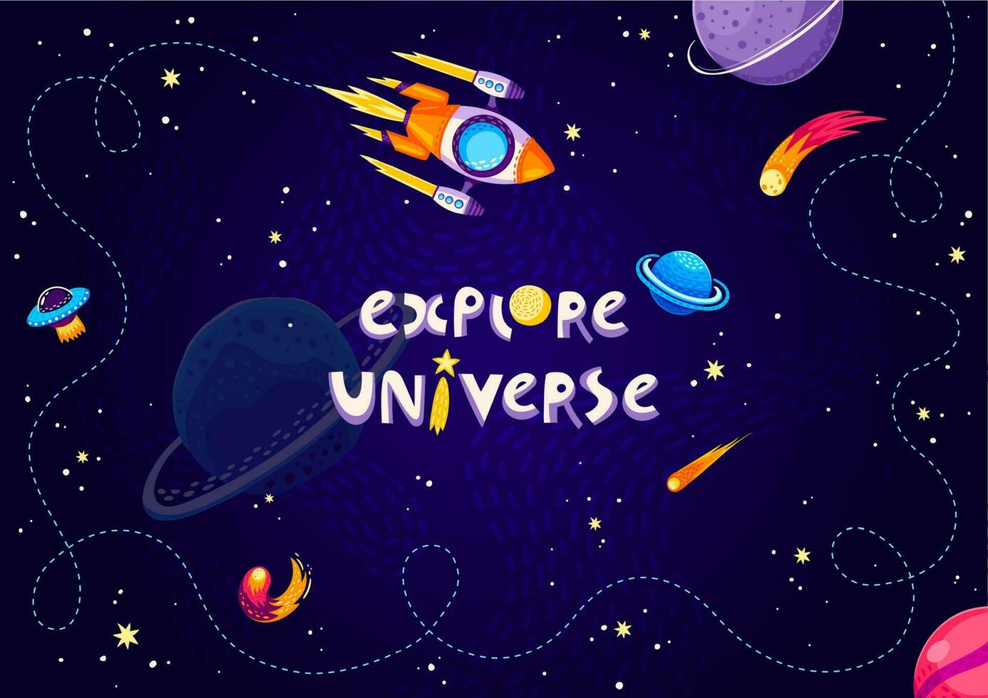 Cartoon space background, spaceship and stars vector