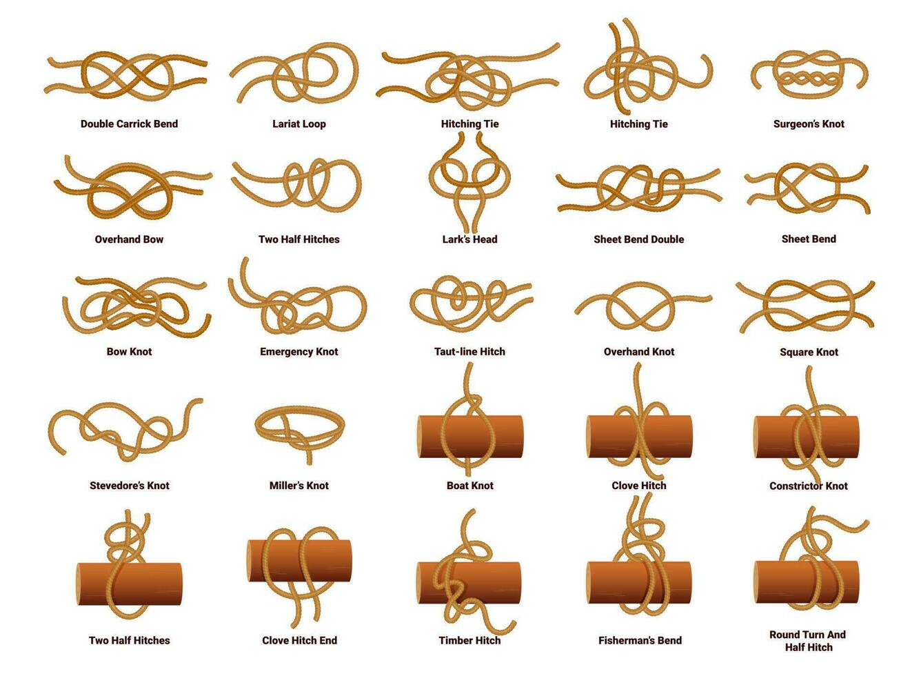 Sailing ship rope knots, nautical sailor tie bow vector