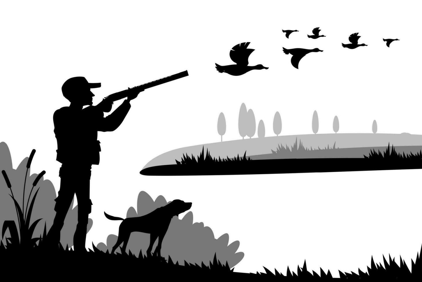 Hunting silhouette. Hunter with shotgun, dog, duck vector