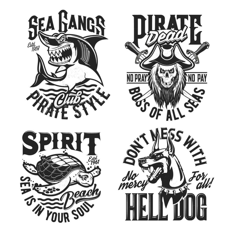 Shark, turtle, doberman and pirate skull mascots vector