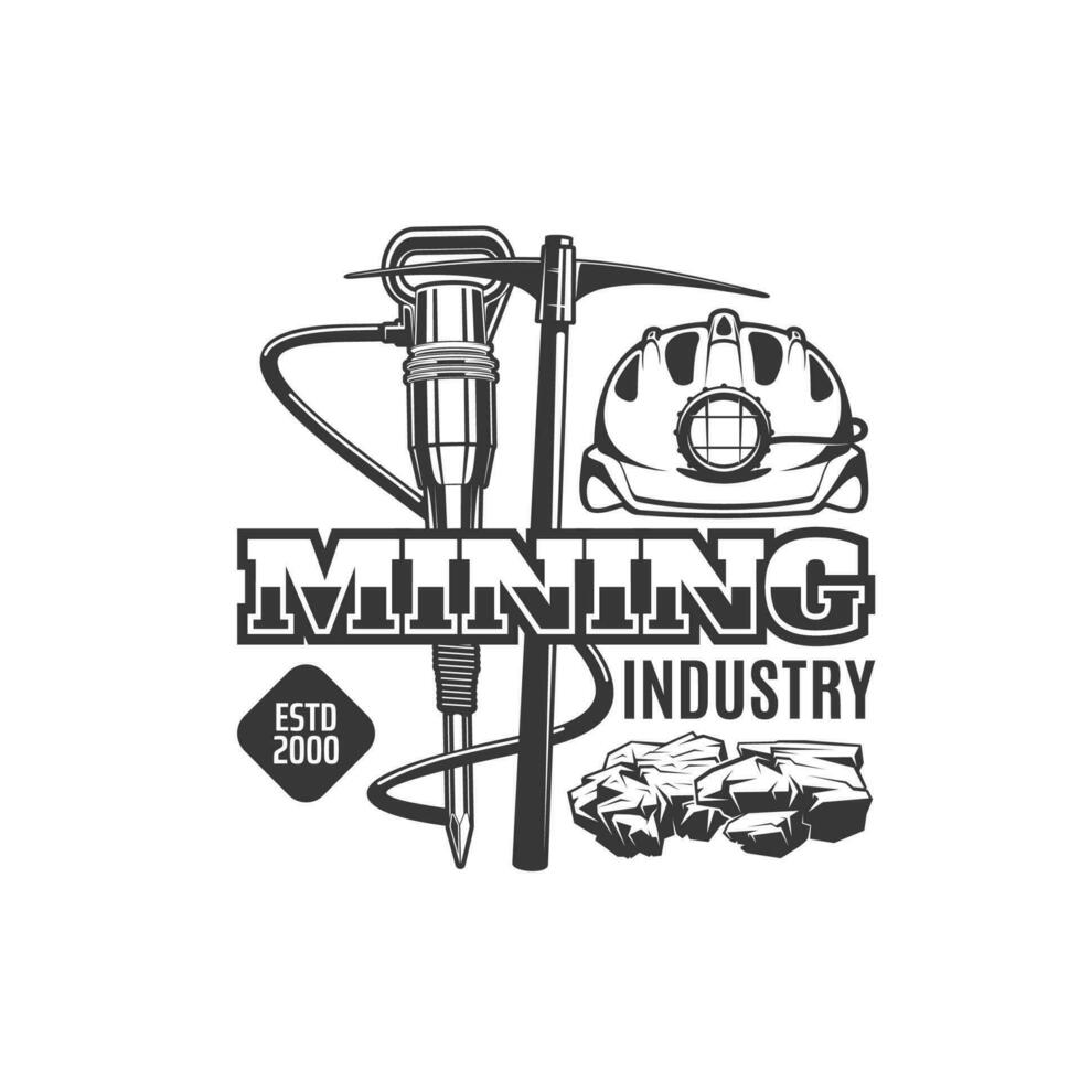 Mining industry icon with miner tools and helmet vector