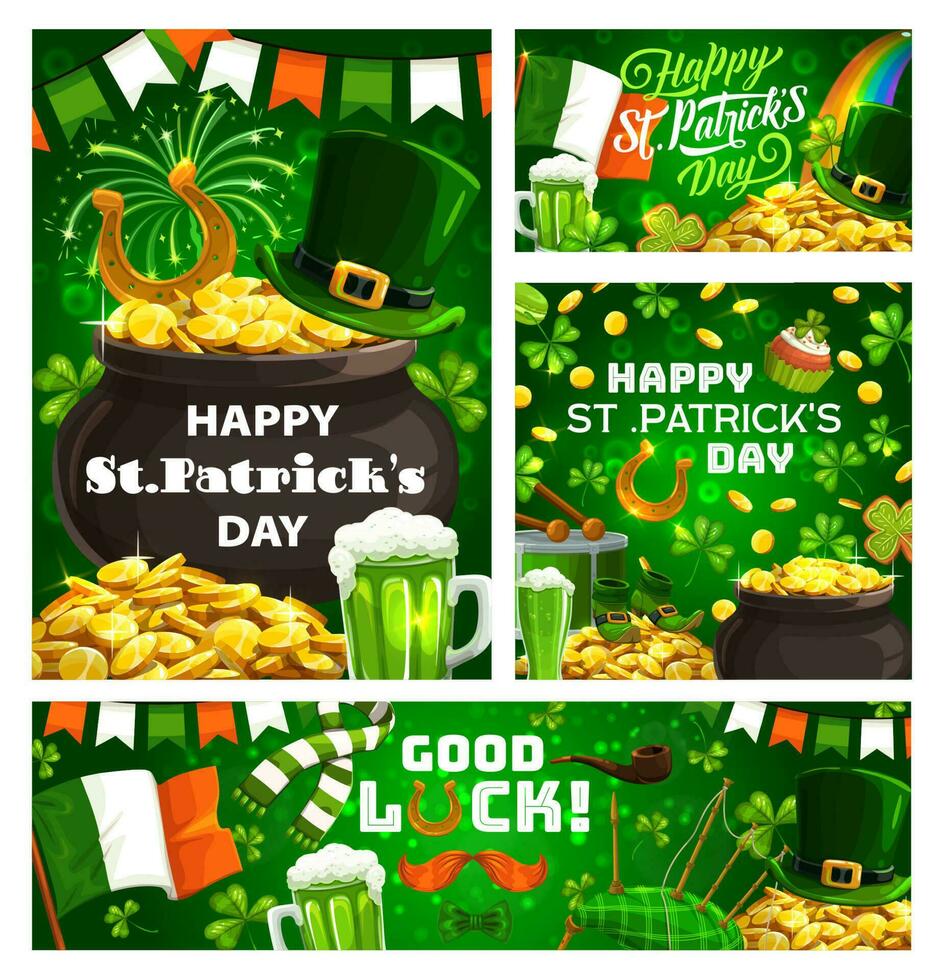 Irish holiday Patricks day green symbols, drinks vector