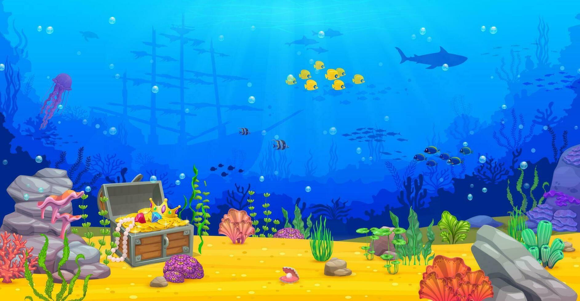 Game level, underwater landscape with pirate chest vector