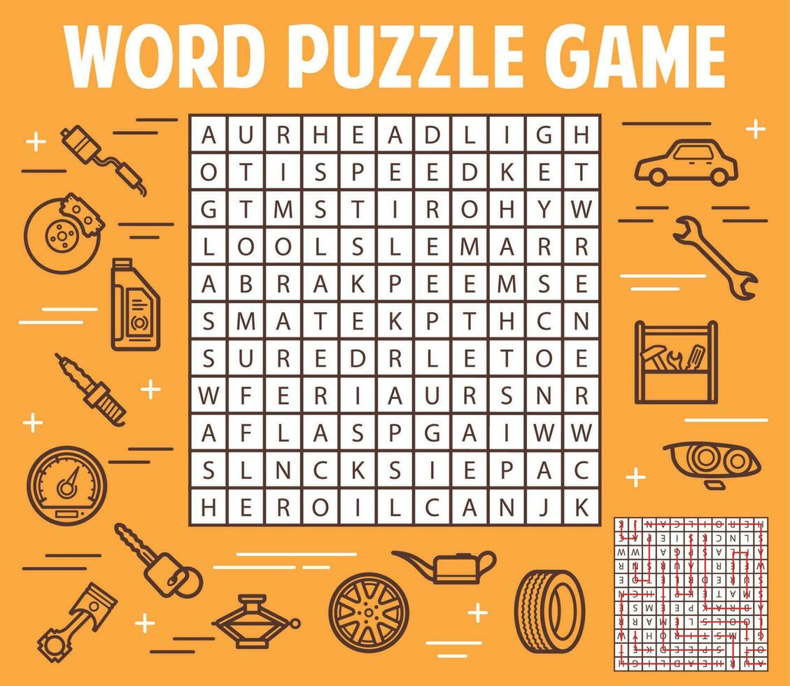 Car spare parts or service word search puzzle game vector