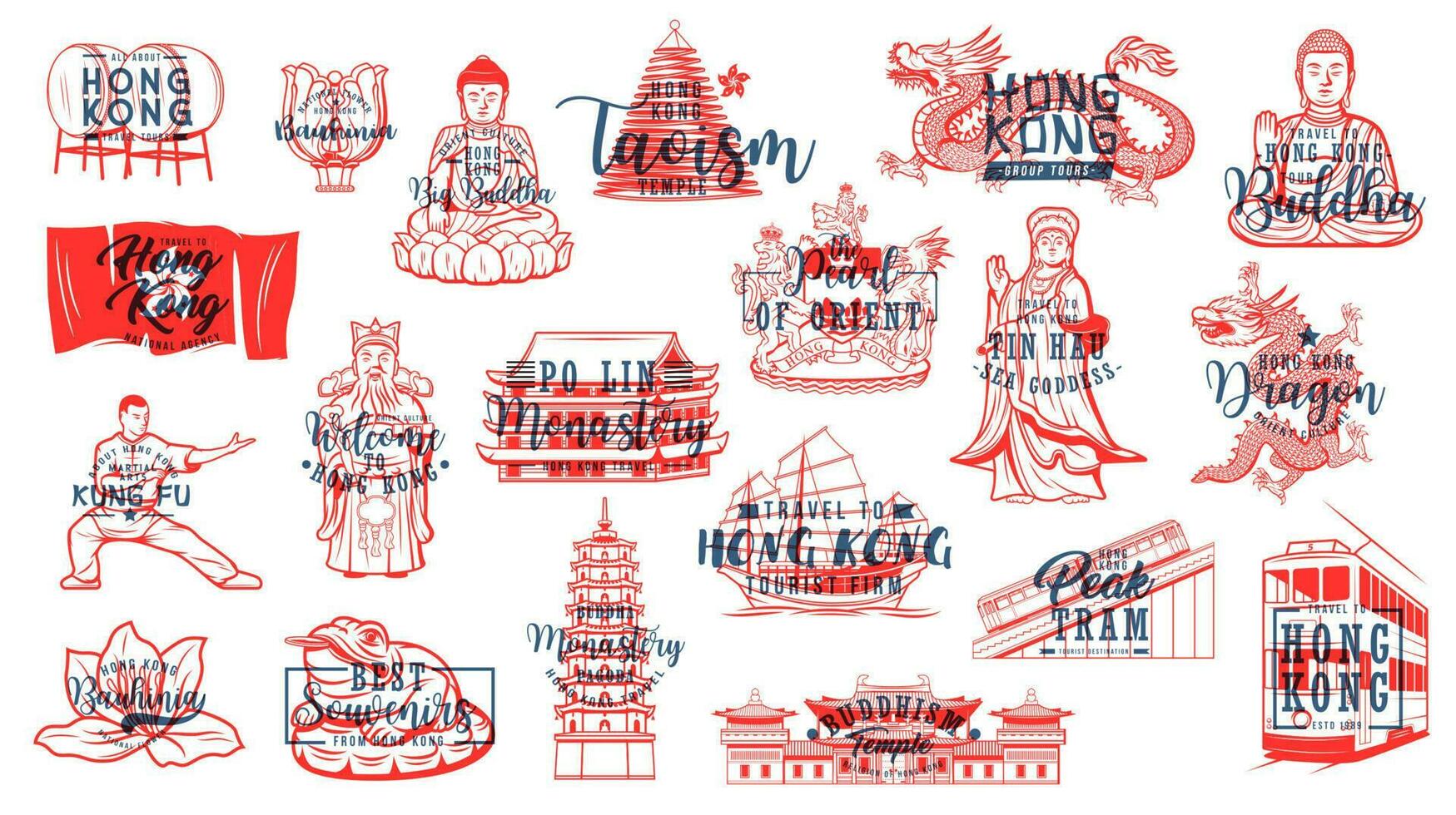 Hong Kong travel icons with landmark and lettering vector