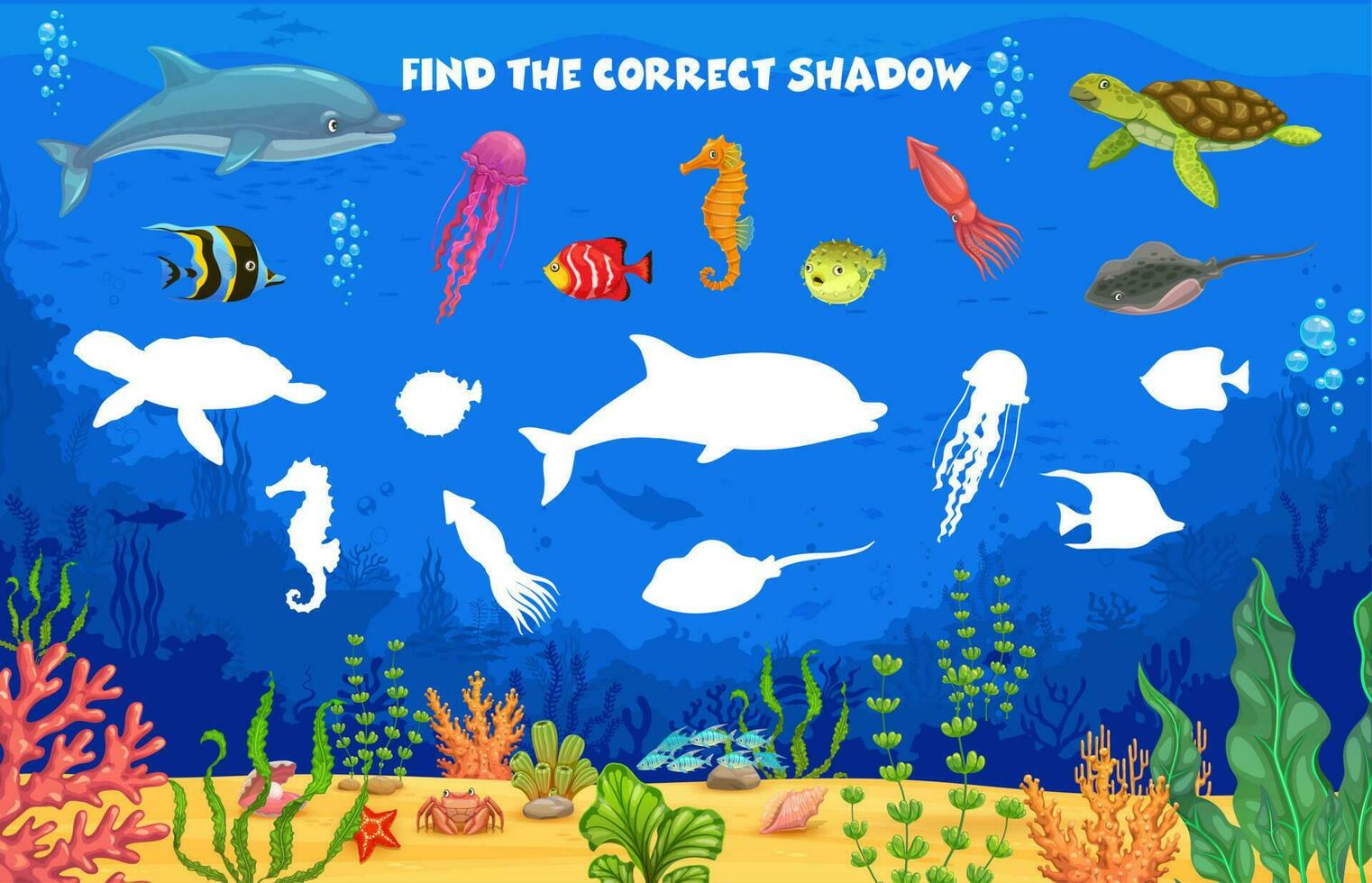 Find correct shadow of sea animals, kids game vector