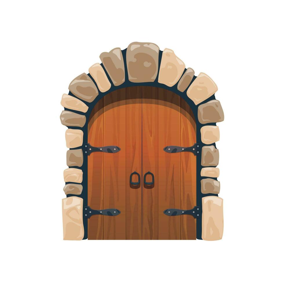 Cartoon medieval castle gate, wooden door entrance vector