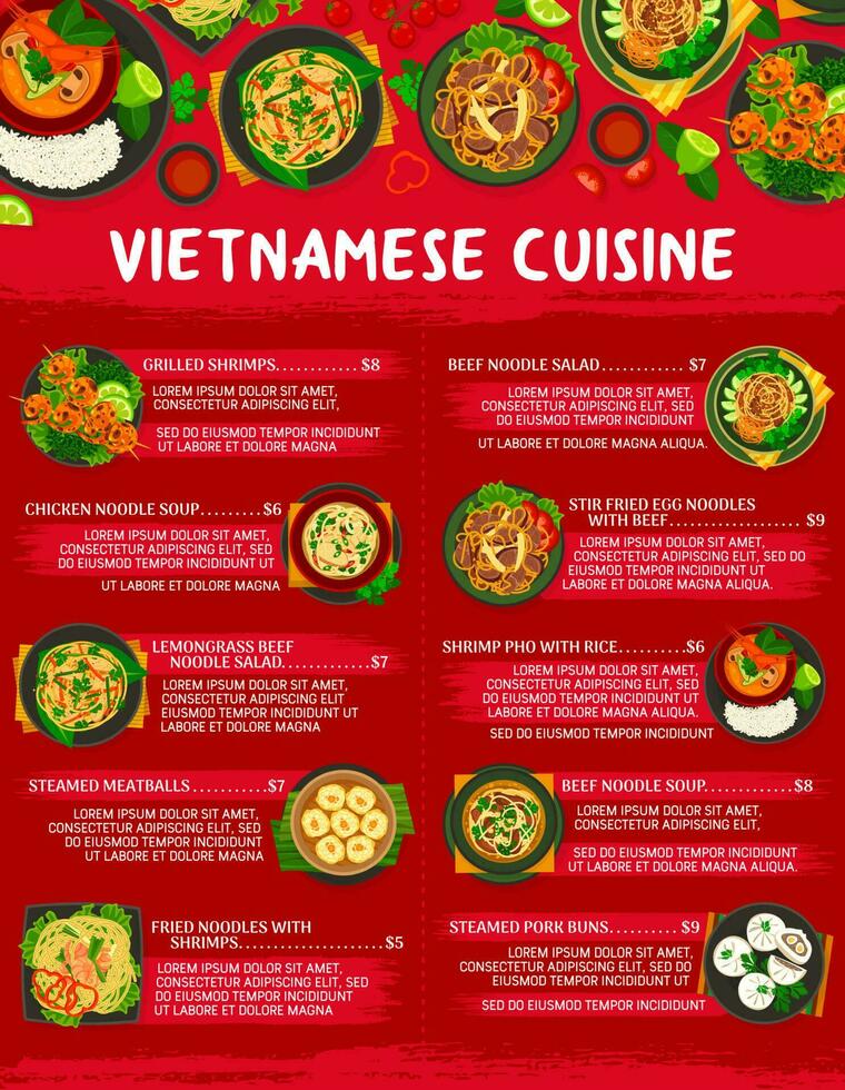 Vietnamese cuisine menu template, food of Vietnam vector