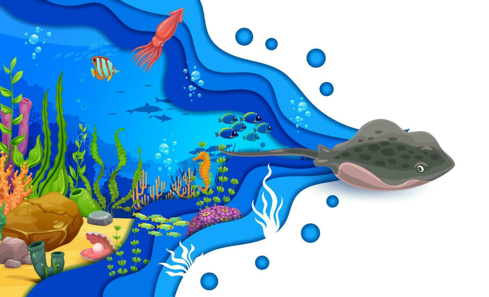 Stingray and fish on sea paper cut landscape vector