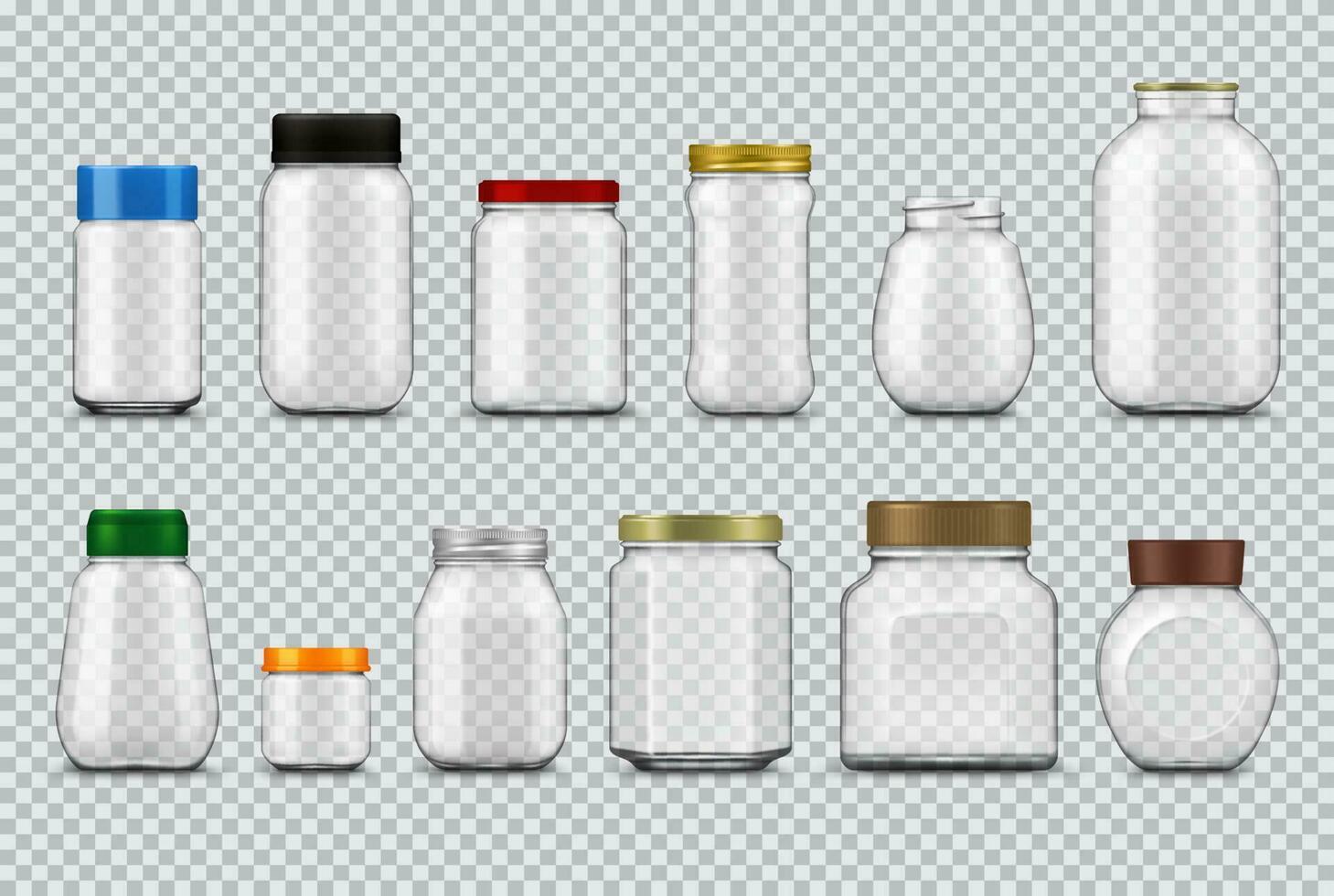 Glass jars with lids realistic, vector package