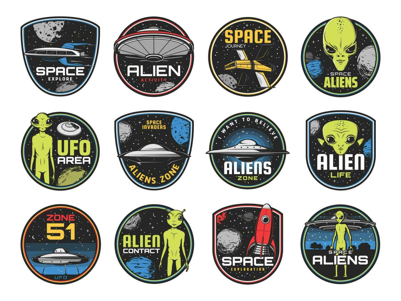 Alien zone, ufo area or space shuttles retro icons vector