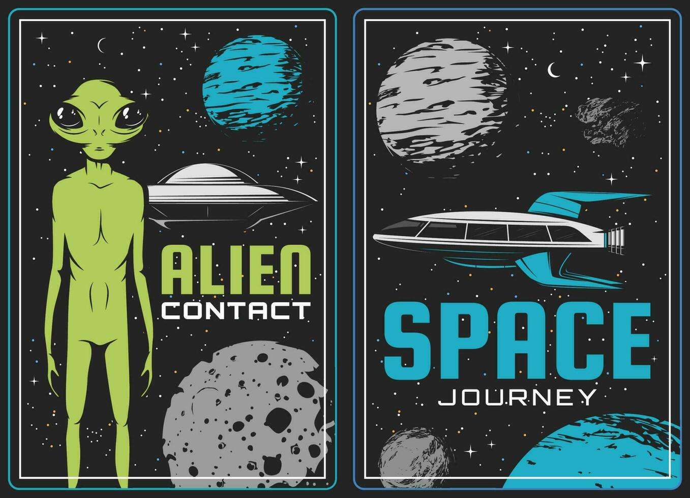 Retro posters with alien and ufo vector cards