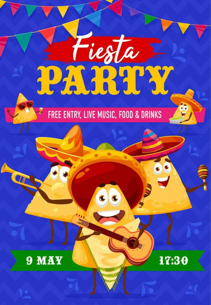 Mexican nachos chip characters, fiesta party flyer vector