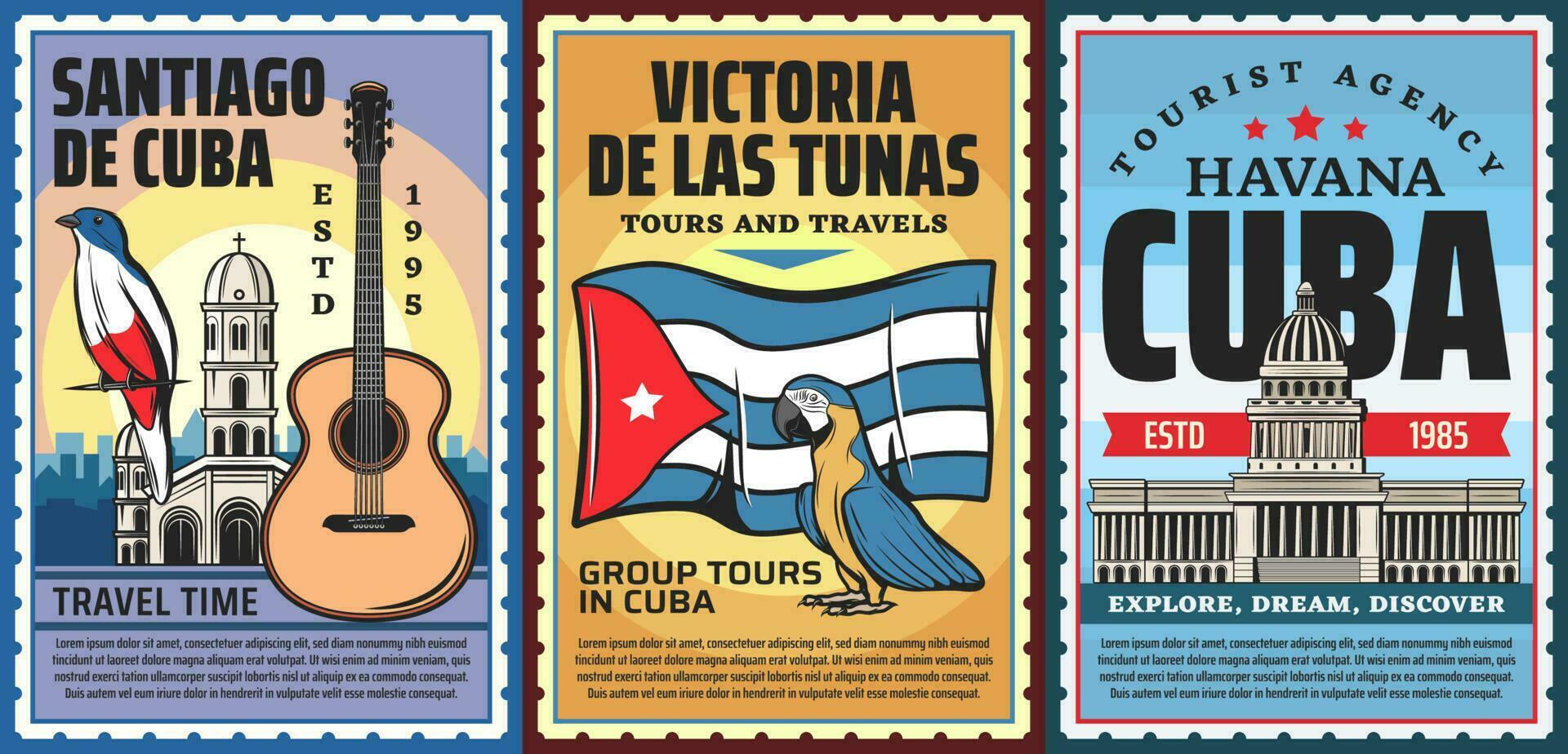 Cuba y la Habana vacaciones viaje excursión retro pancartas vector