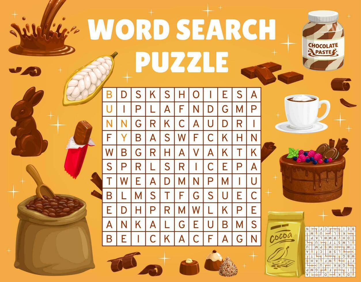 Cocoa and chocolate word search puzzle worksheet vector