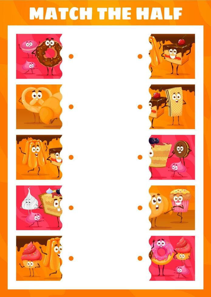 Match the half of cartoon bakery, sweet characters vector