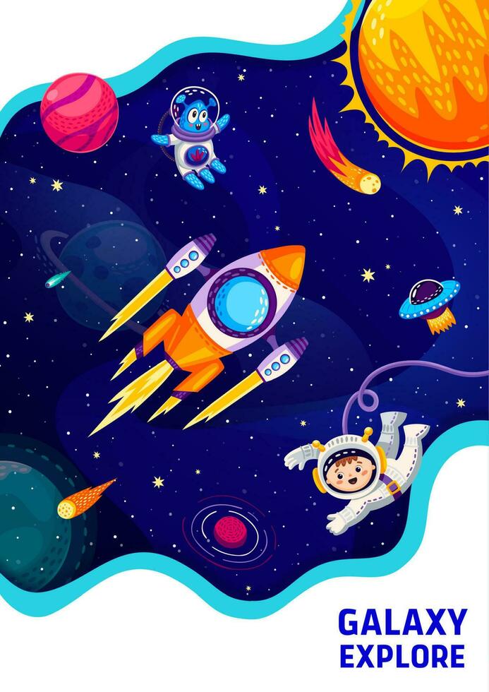 espacio póster con dibujos animados niño astronauta y cohete vector