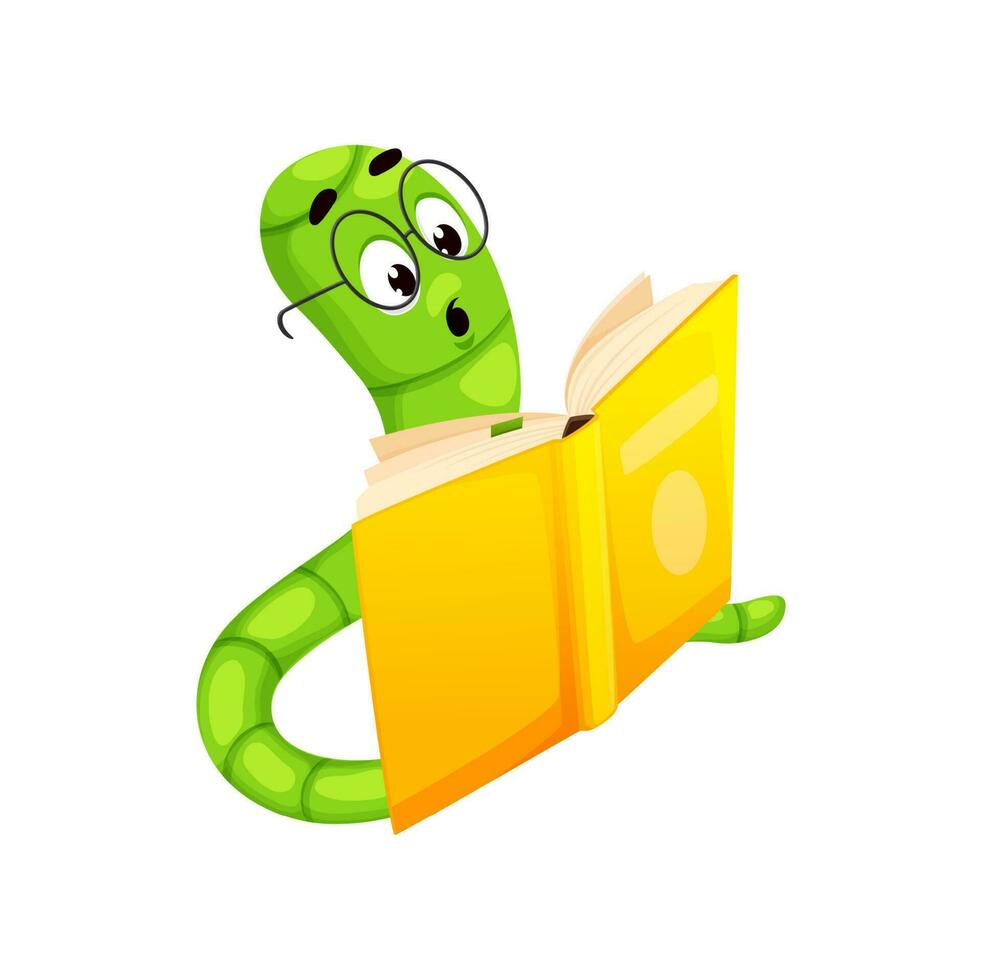 Cartoon bookworm character, book worm reading vector