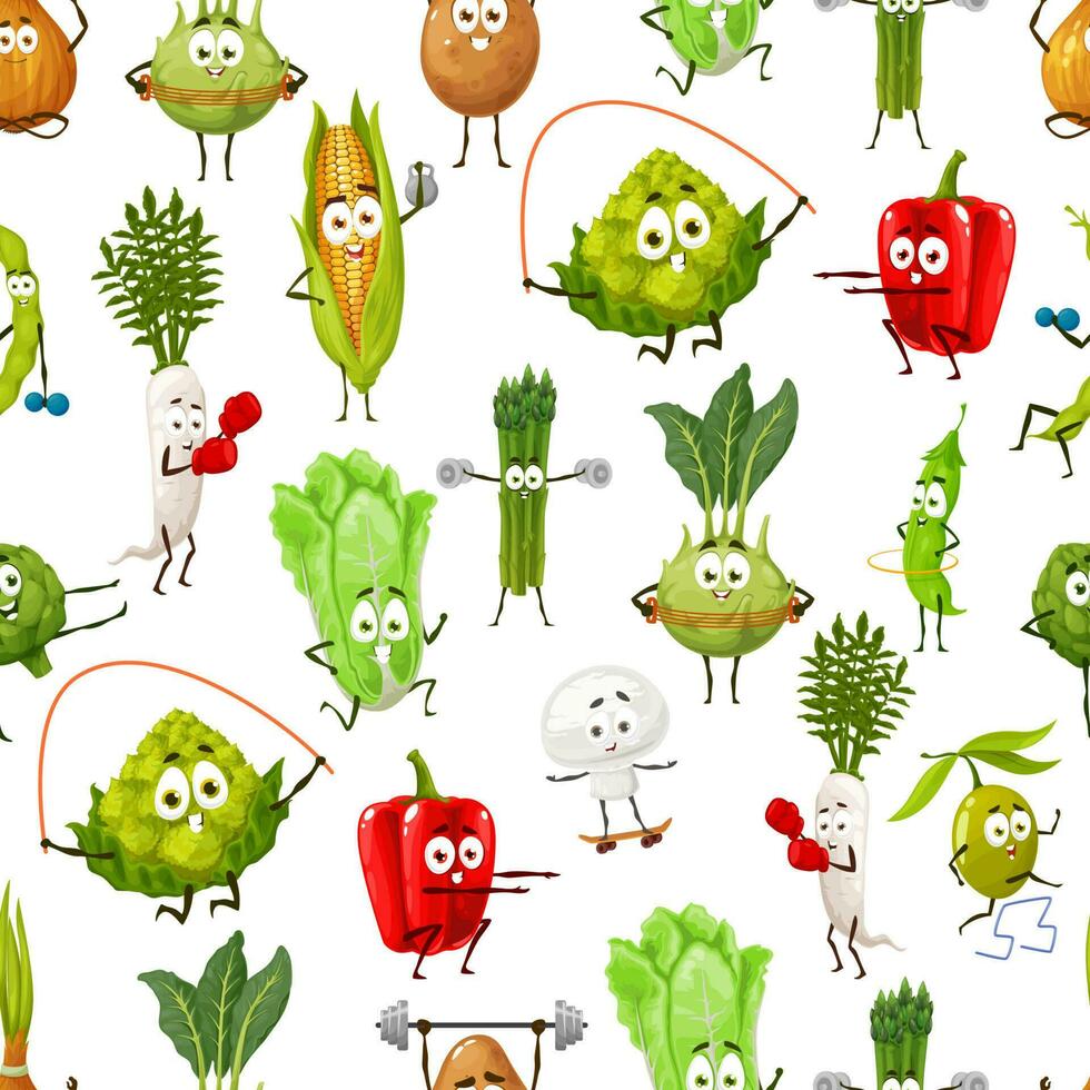 Cartoon vegetables on fitness seamless pattern vector