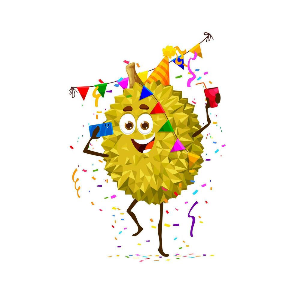 Cartoon cheerful durian fruit character on party vector