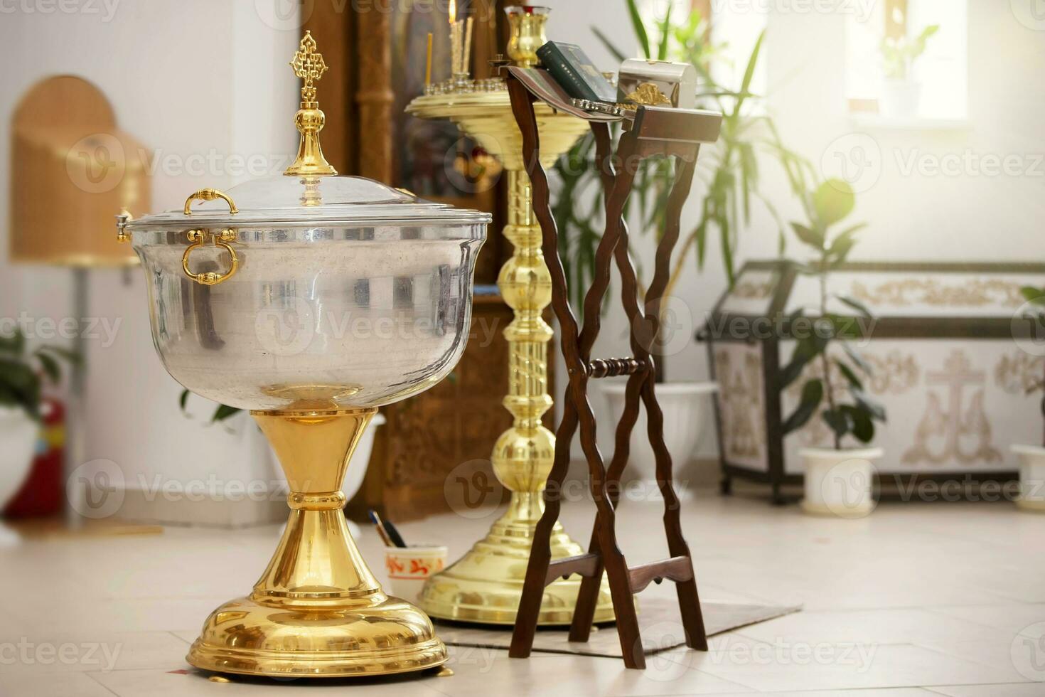 The interior of the Orthodox Church. Font for Orthodox baptism. Background accessory for the adoption of faith. photo
