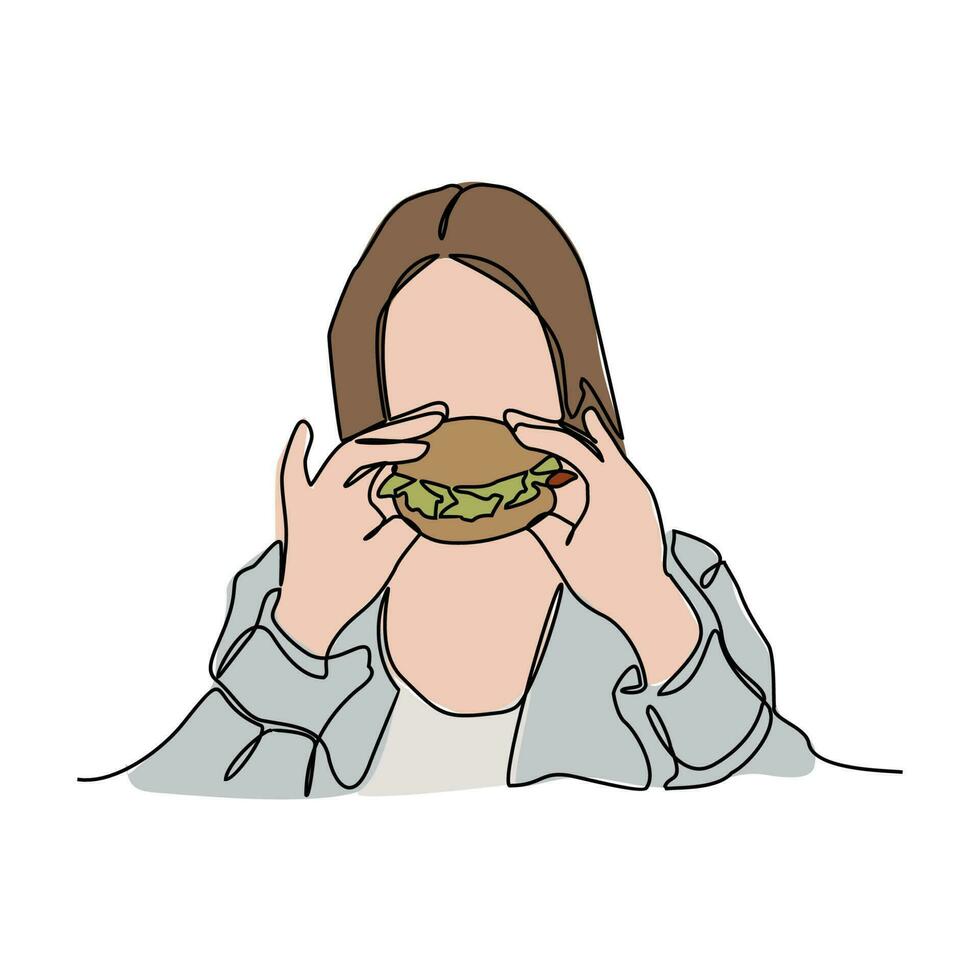 uno continuo línea dibujo de un personas comiendo un hamburguesa. comida ilustración en sencillo lineal estilo. comida diseño concepto vector ilustración