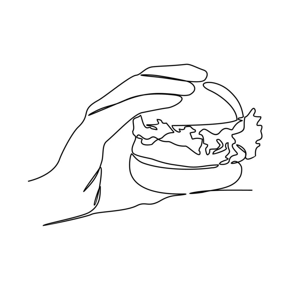 One continuous line drawing of a hand holding a burger. Food illustration in simple linear style. Food design concept vector illustration