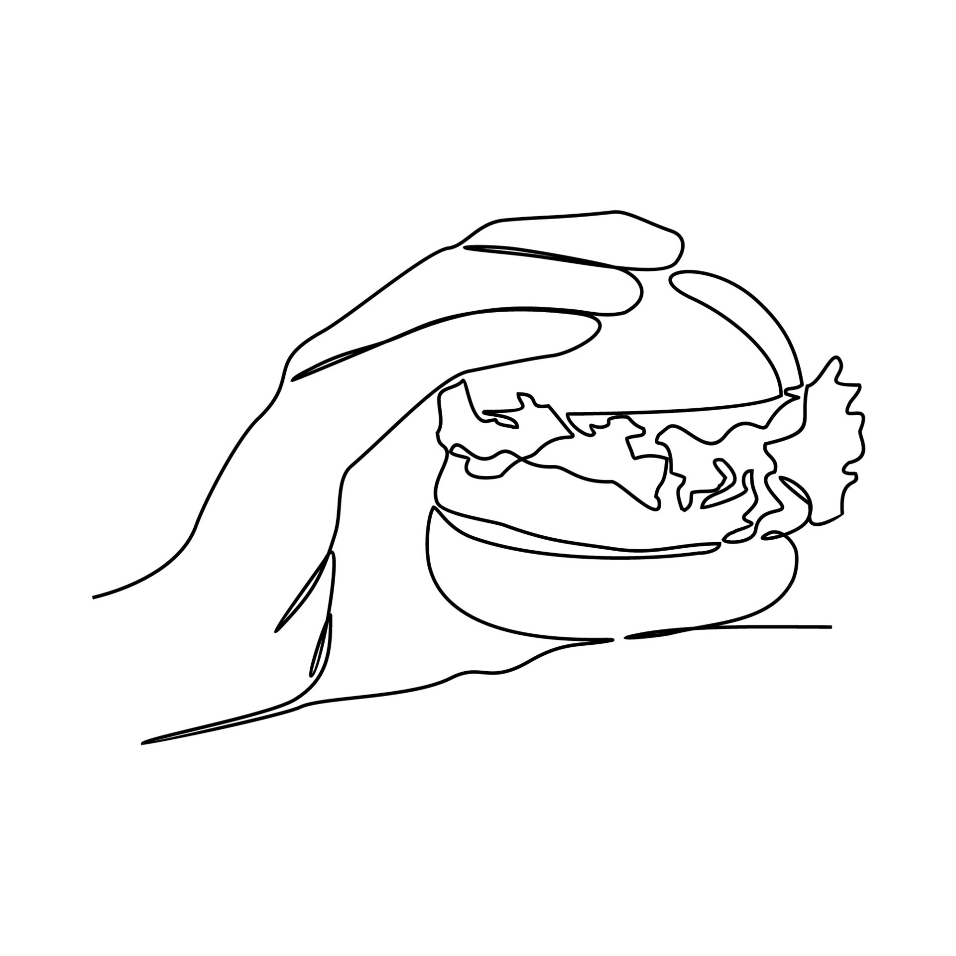 One continuous line drawing of a hand holding a burger. Food