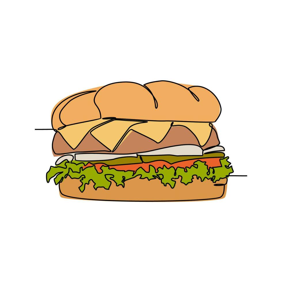 One continuous line drawing of a Burger. Food illustration in simple linear style. Food design concept vector illustration